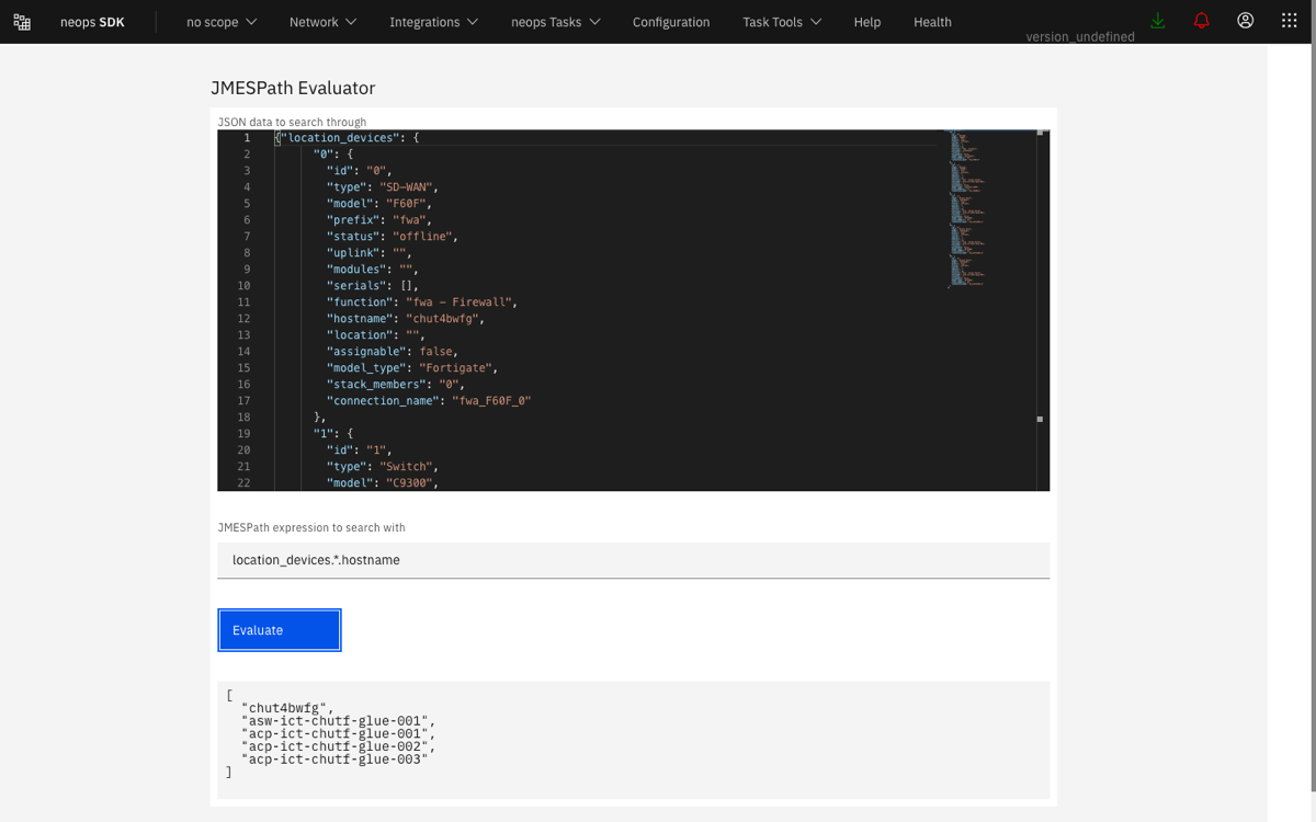 JMESPath evaluator showing device JSON, a hostname-selection expression, and the resulting hostname array