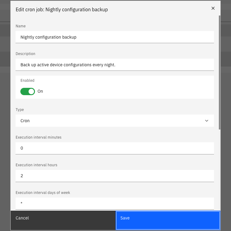Cron editor with a named nightly backup, enabled state, cron type, and separate interval fields